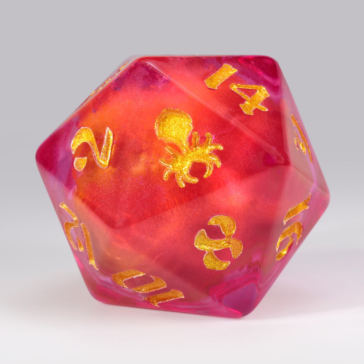 34 mm Ruby Liquid Core Gold Glitter Single D20 with Gold Ink